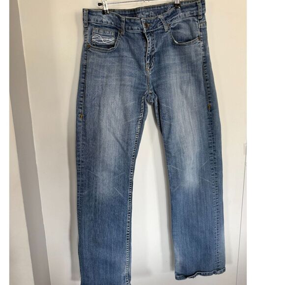 Cowgirl Tuff Co Don't Fence me In Jeans sz 34x33 Boot Cut Frayed bottoms RODEO - Picture 1 of 6